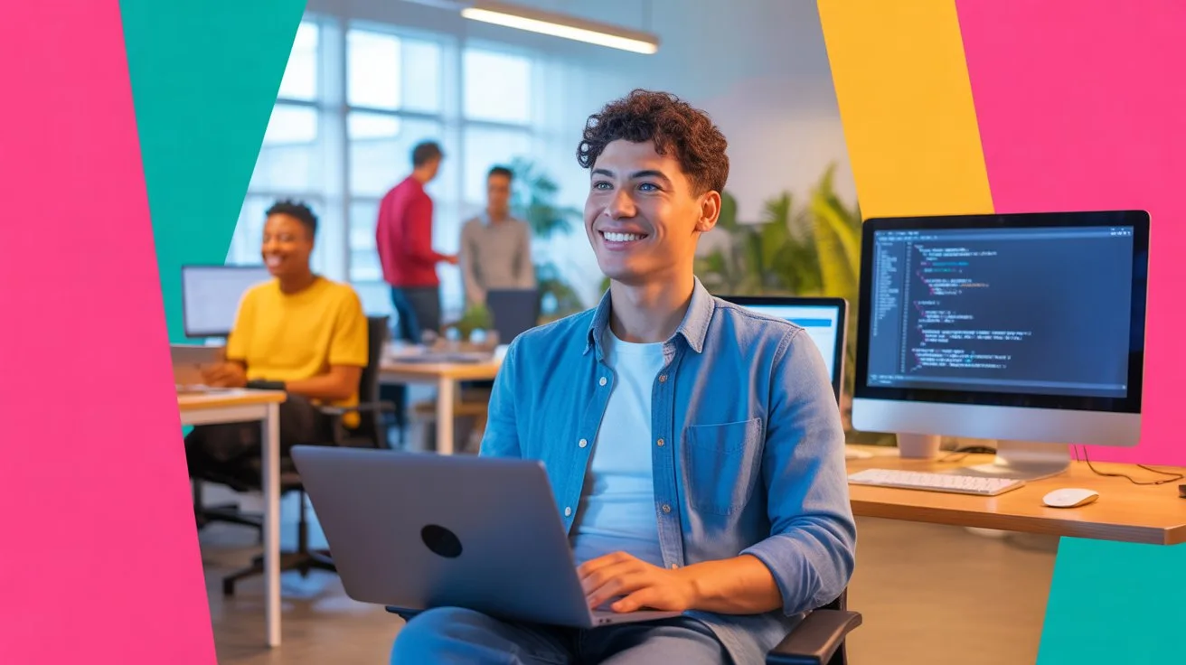 Programador feliz trabajando en su primer empleo tech