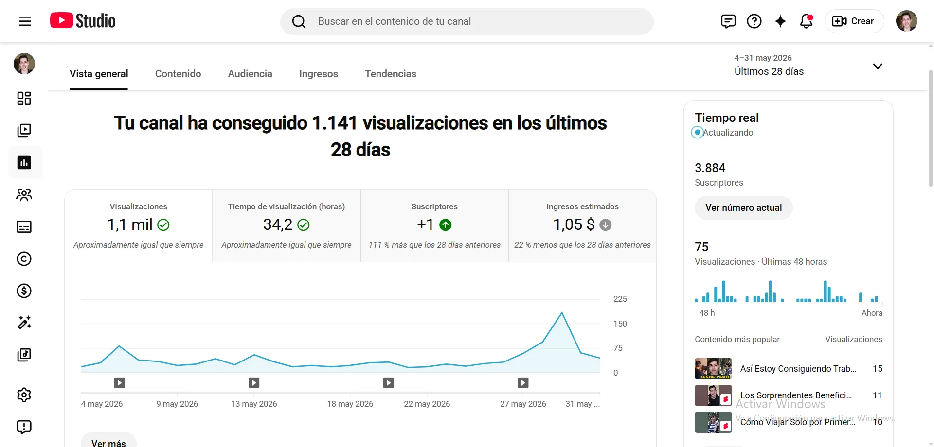 Métricas YouTube — últimos 30 días