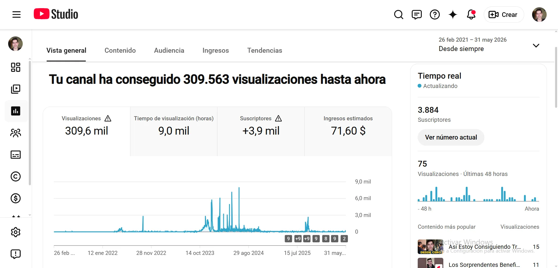 Métricas YouTube — histórico desde el inicio